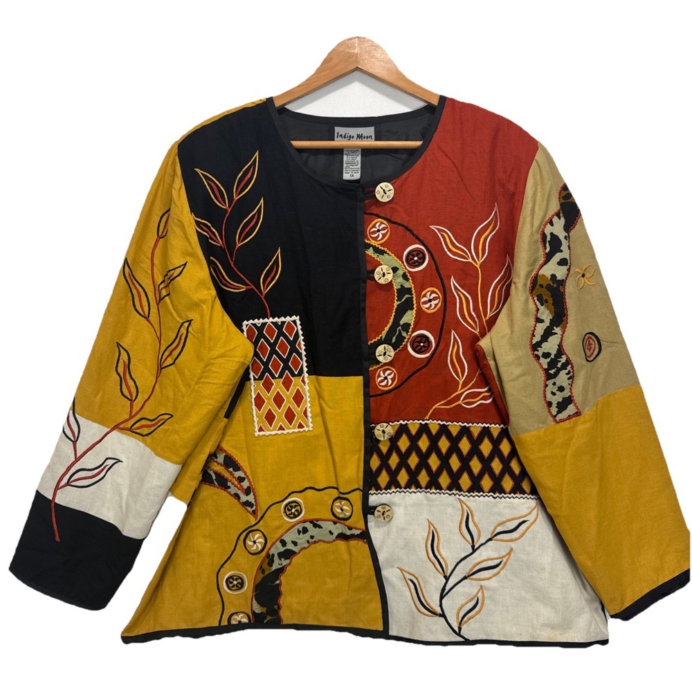 Indigo Moon Tapestry Jacket  Fall Wood Button Up Women's ‎ Sz 1X Patchwork